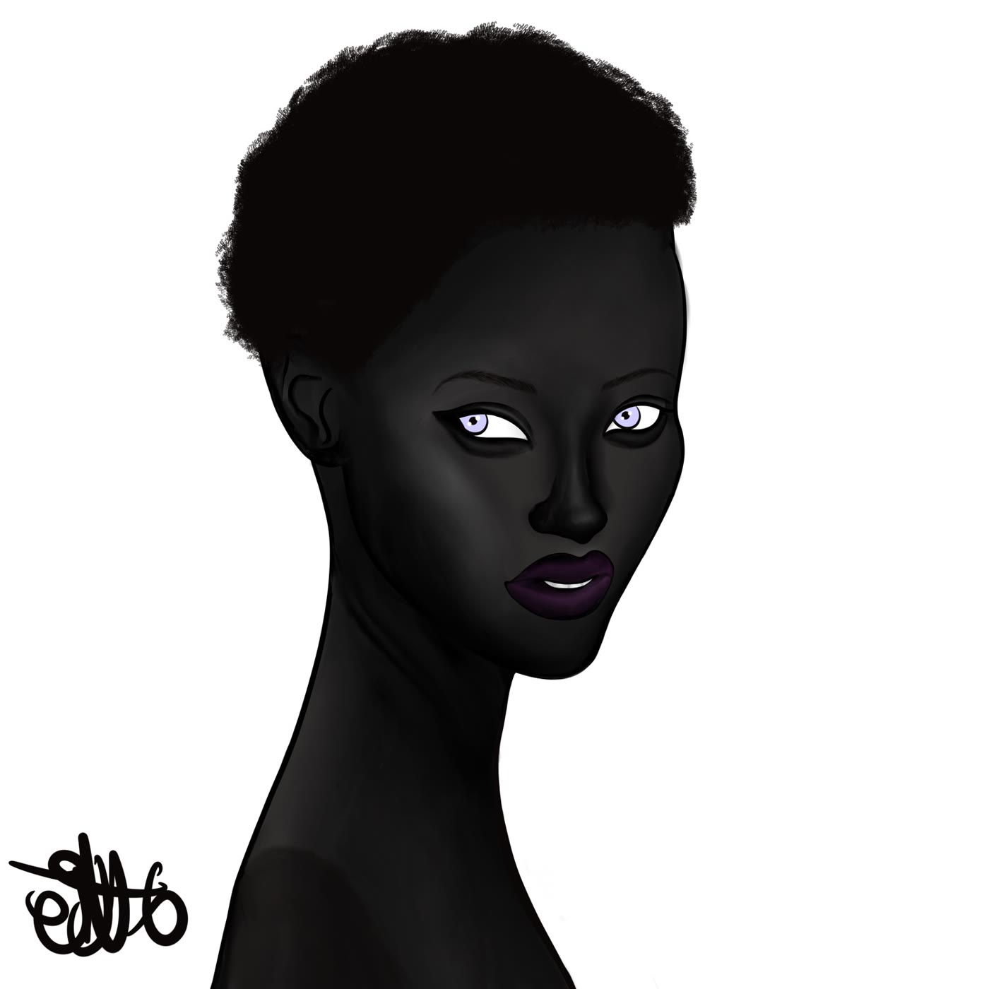 Longneckie Black Beauties portrait, short hair and violet lips