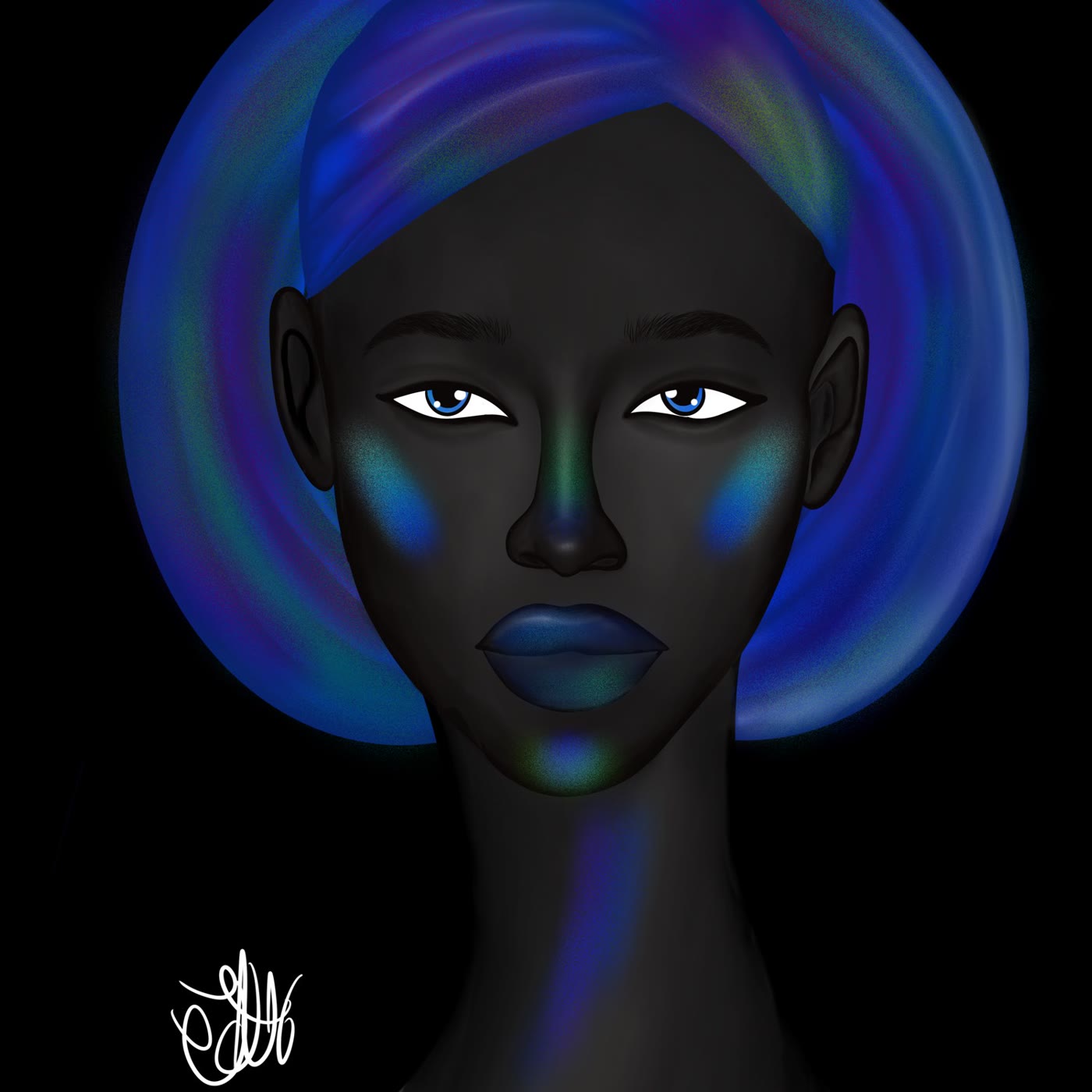 Longneckie Black Beauties portrait, a blue halo