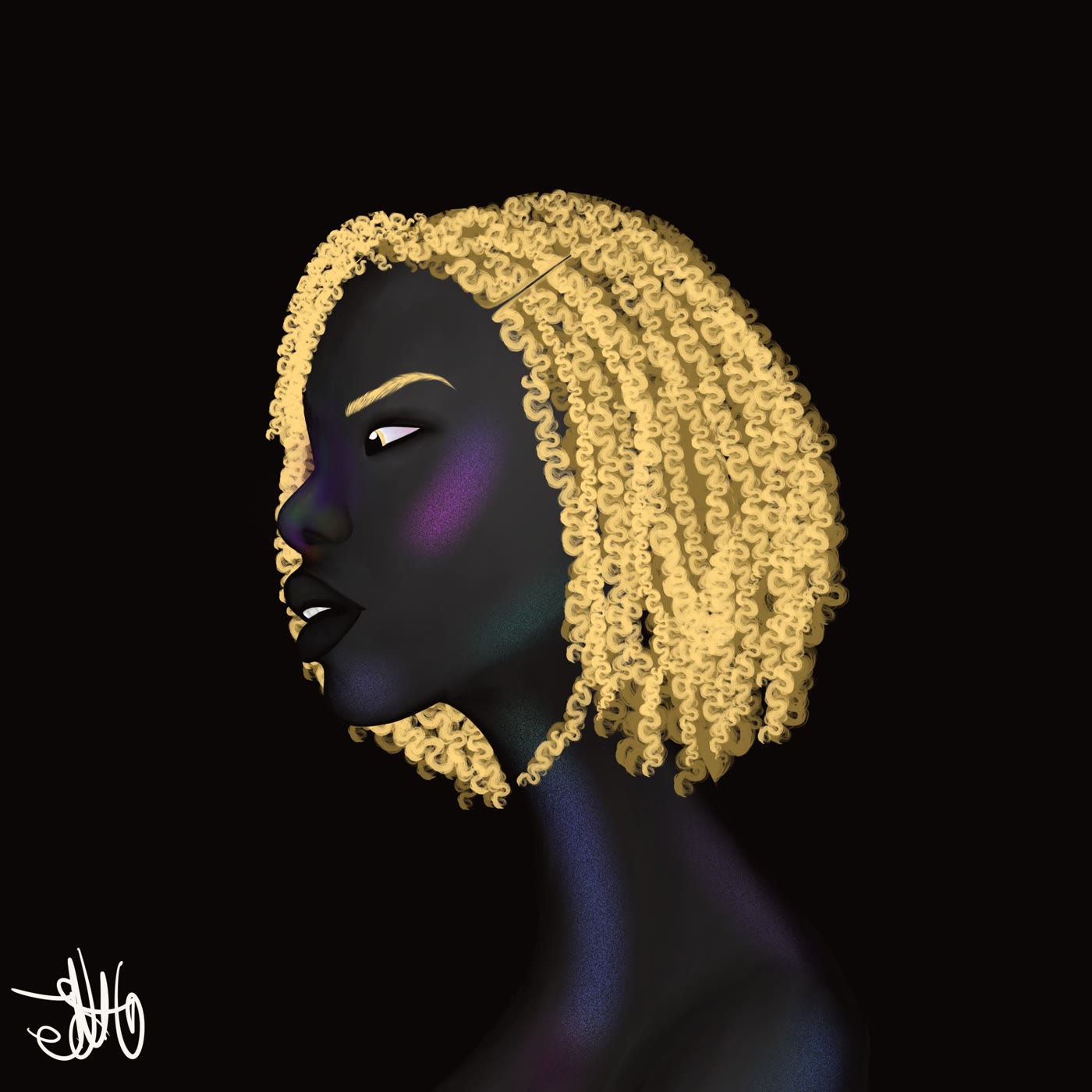 Longneckie Black Beauties portrait, gold curls in profile