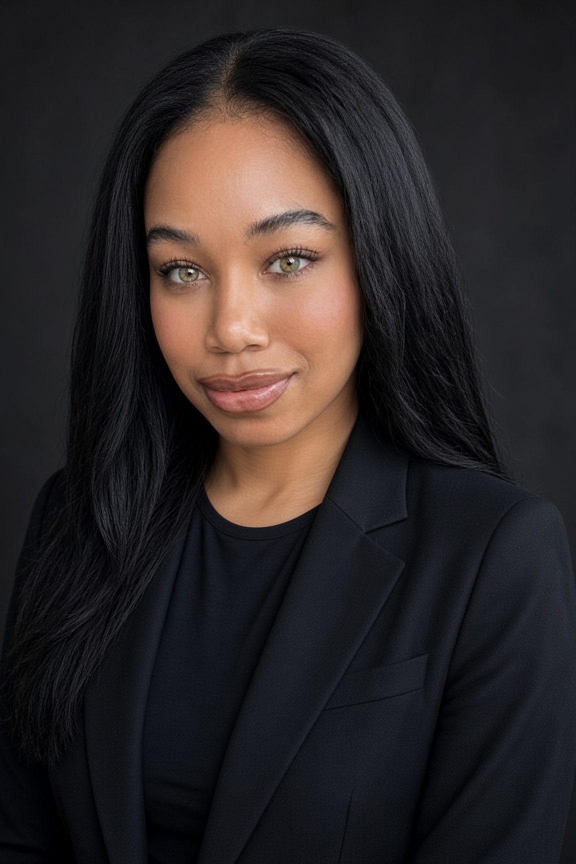 Portrait of Nyla Hayes in a black blazer against a dark studio background