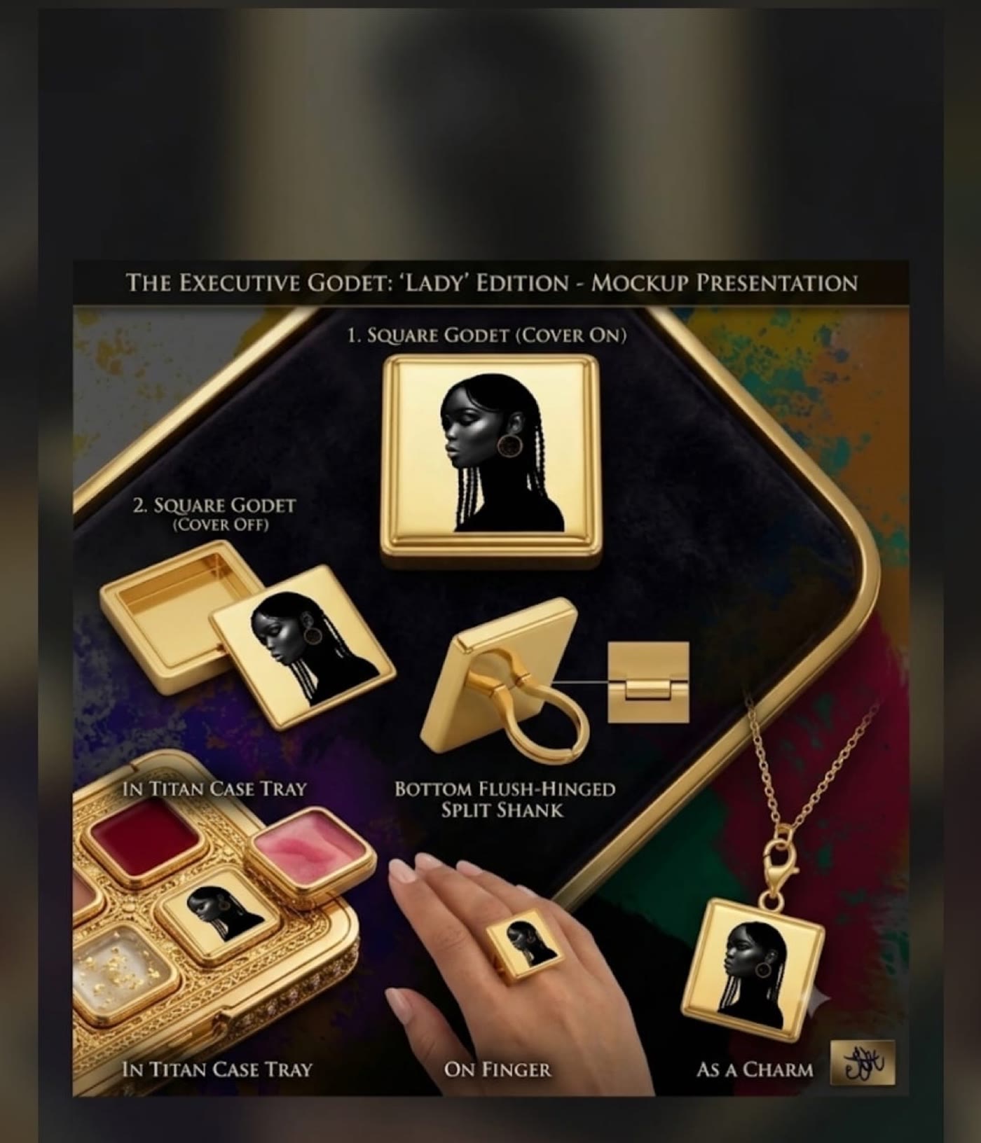 Lady V executive godet mockup, a square gold portrait piece shown as a ring and a charm