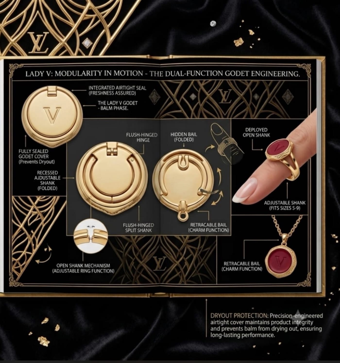 Lady V modularity spread, gold godet hardware open on a black book