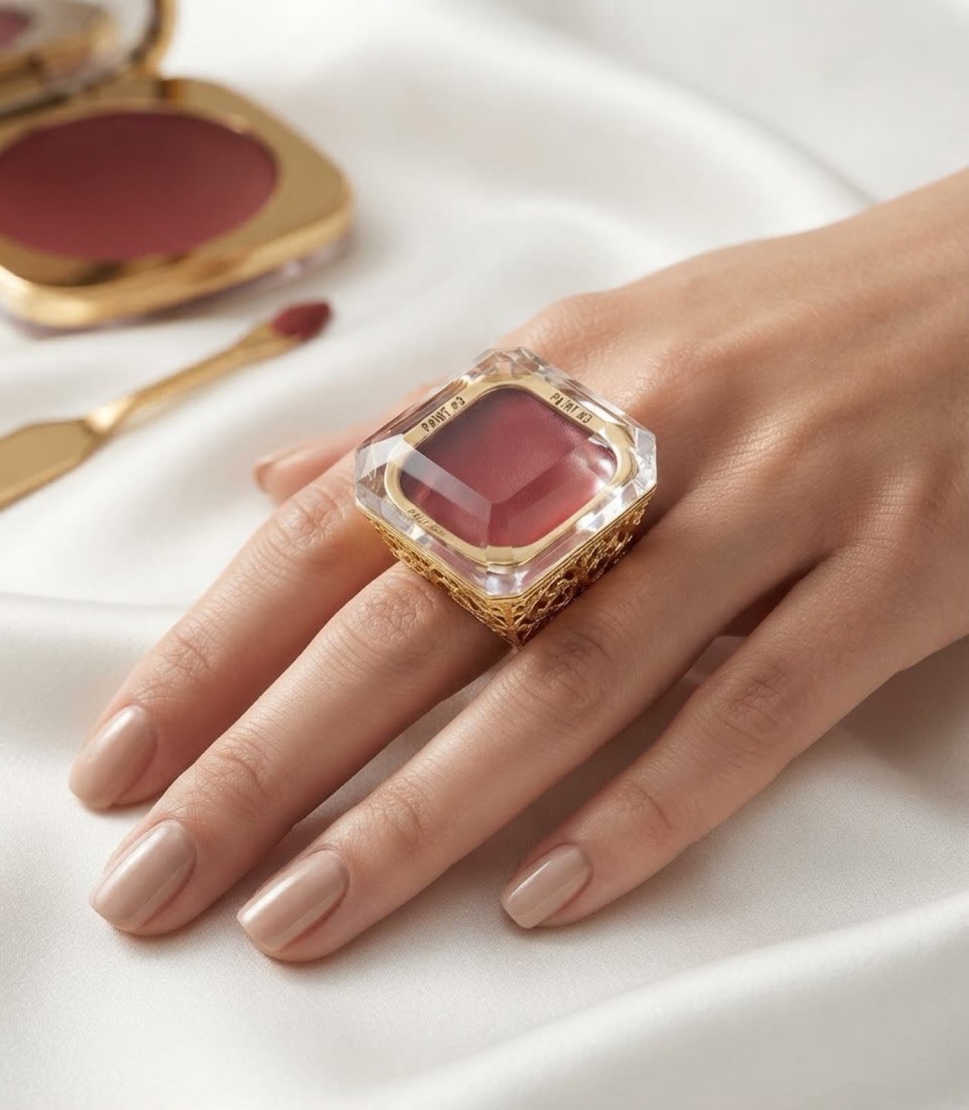 A gold Lady V ring with a clear setting, worn on a hand
