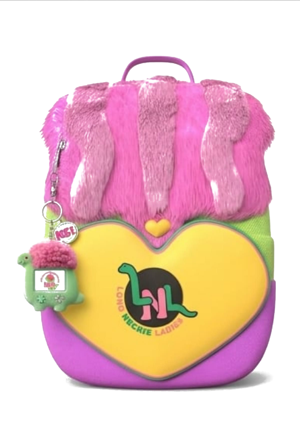 Heart-shaped backpack in pink, yellow, and purple