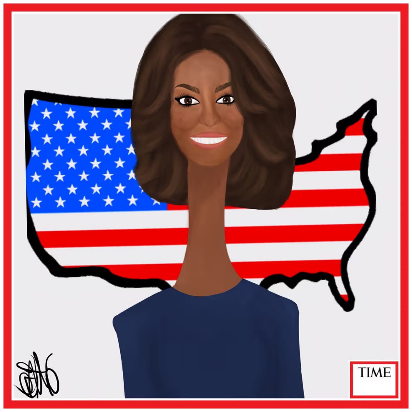 TIME cover, dark hair in front of a United States flag