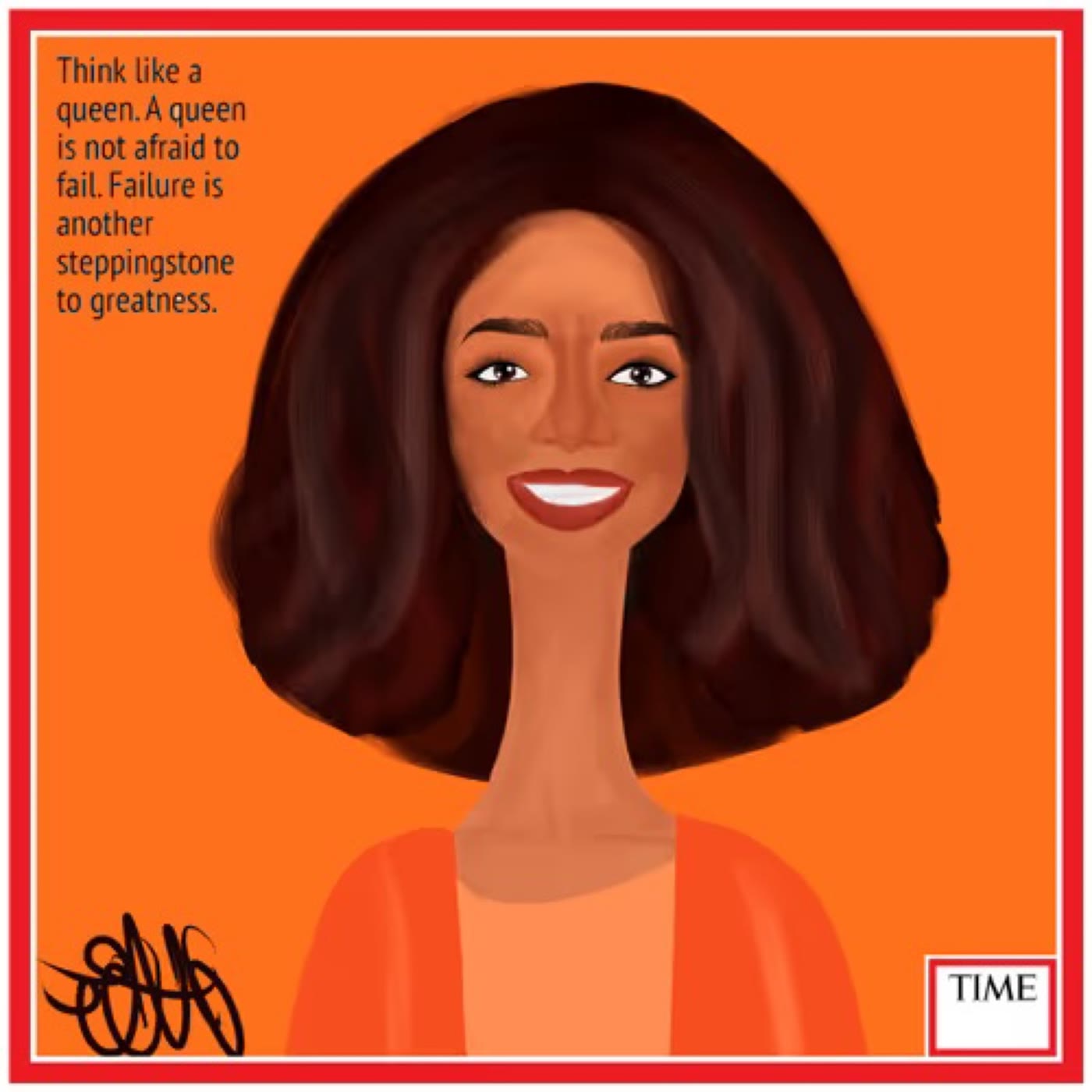 TIME cover, dark hair on an orange ground with a written line